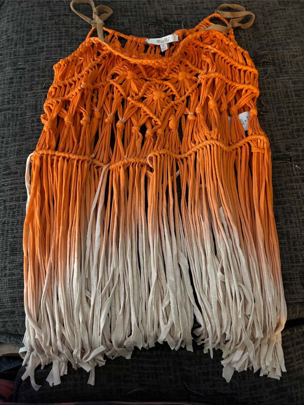 Miss Me Orange to Cream Macramé Fringe Tank Top